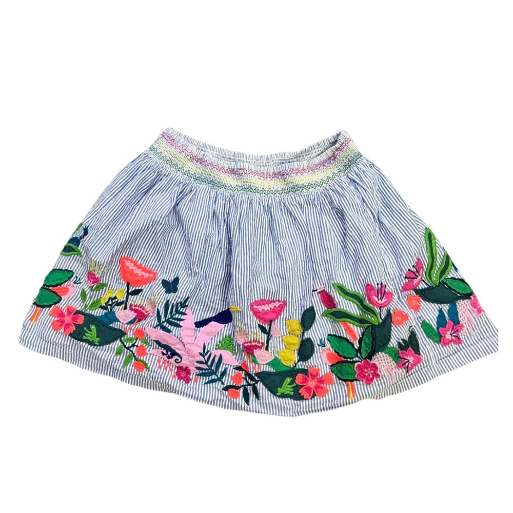 Mini Boden Kids Blue White Striped Floral Embroidered Smocked Skirt 9-10Y 140cm